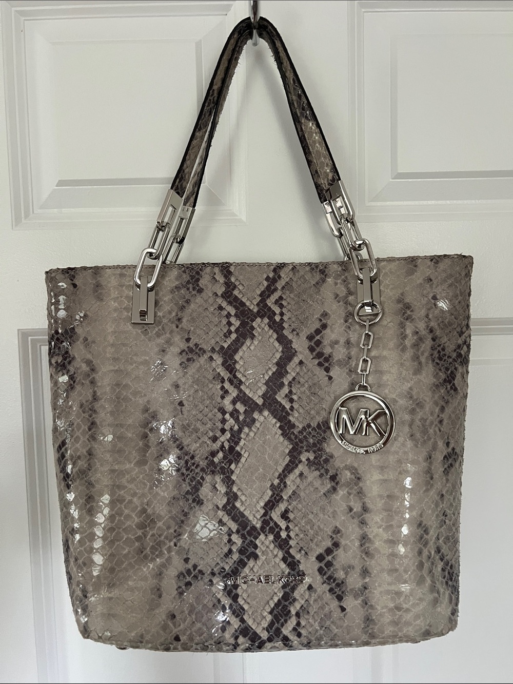 Michael Kors Beige and Gray Snake-Print Tote with MK Charm 12” H -15” W -5” base